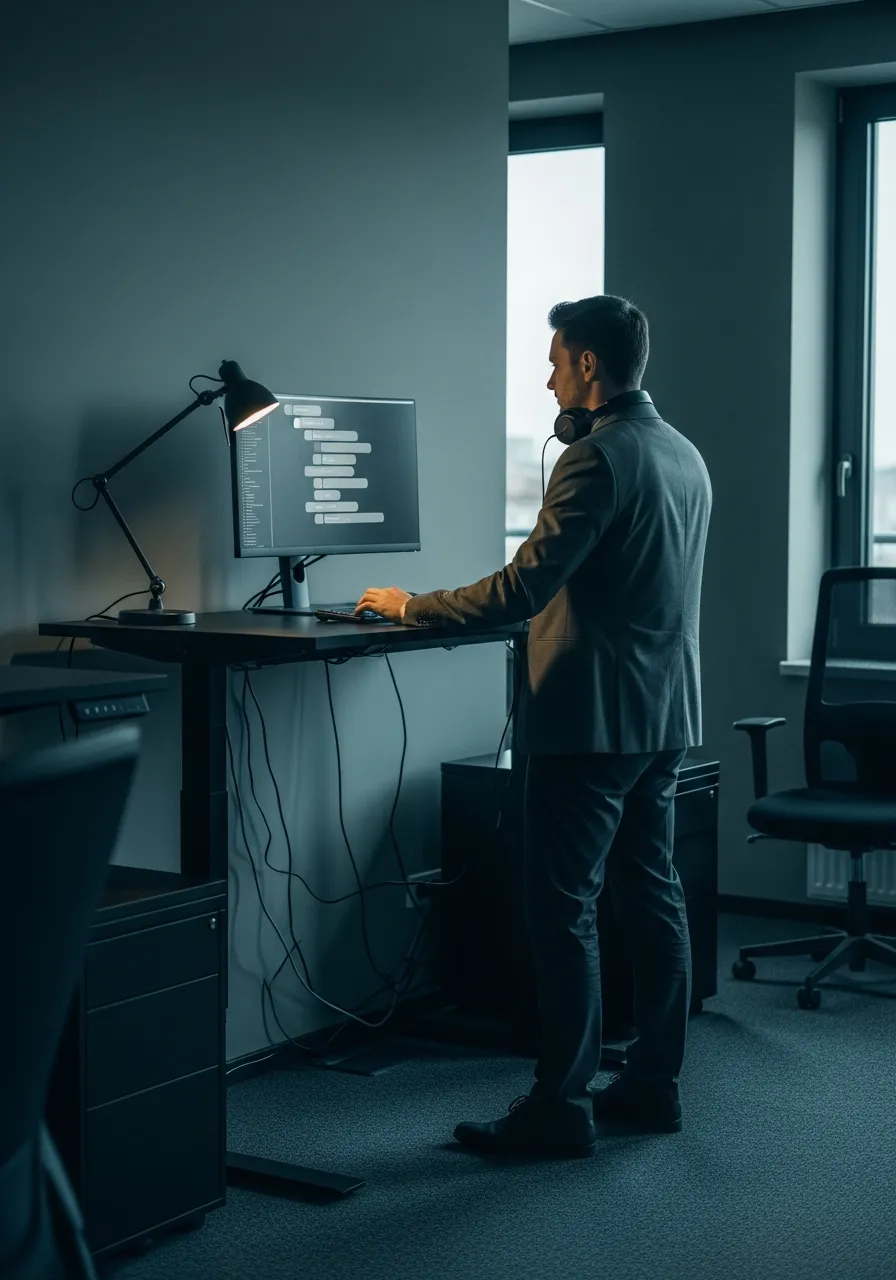 Developer studying code-like blocks on a monitor at a standing desk