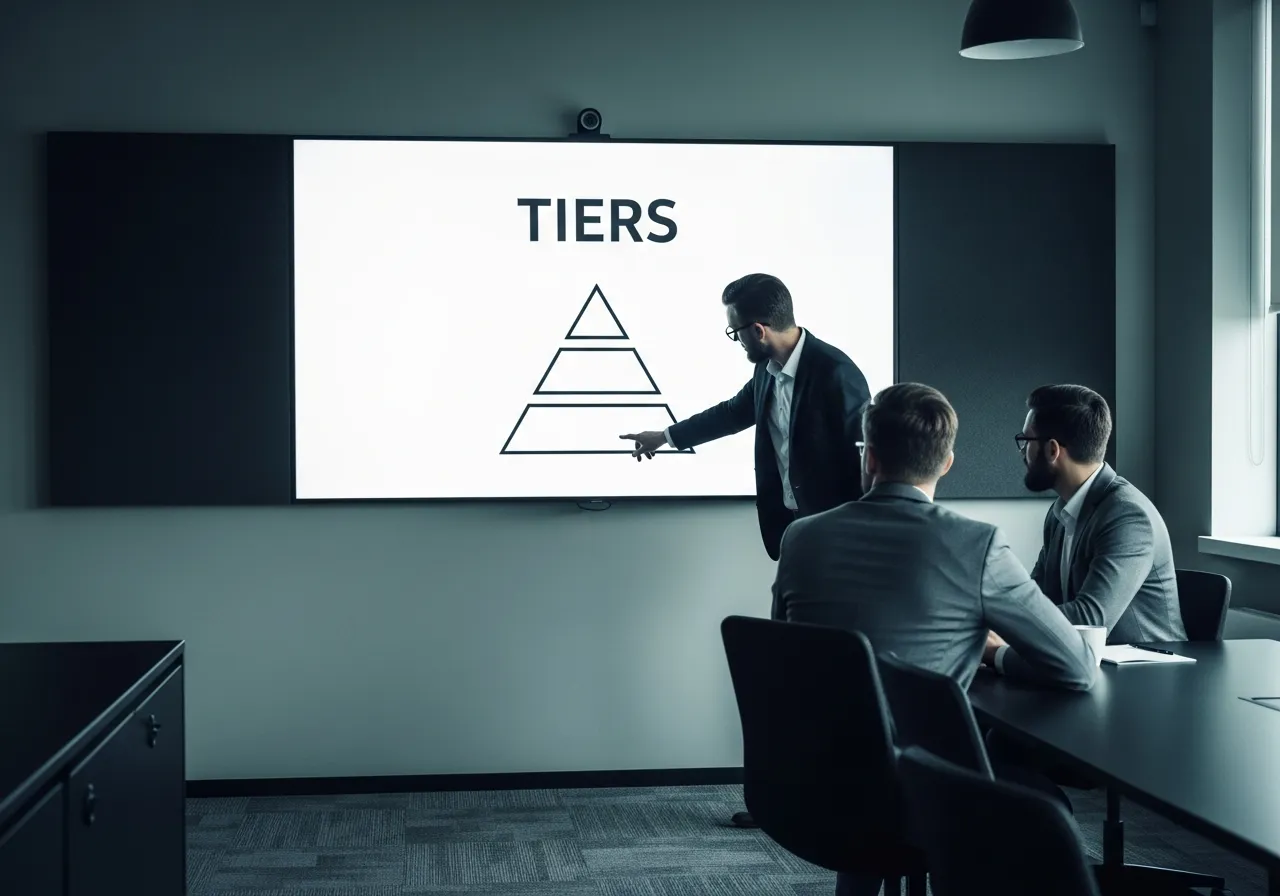 Technical lead presenting a three-tier priority pyramid on a boardroom screen to two developers
