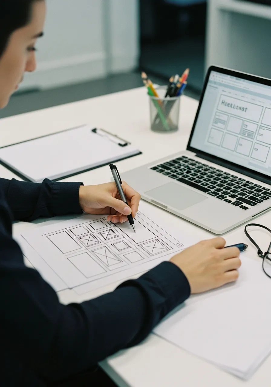 Web designer sketching webpage wireframe boxes on paper beside an open laptop