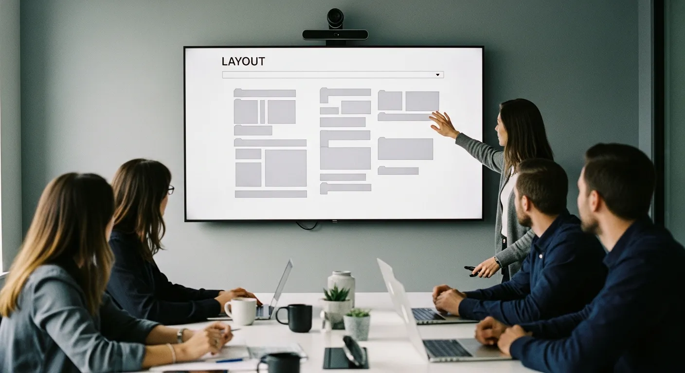 Design team reviewing a website wireframe of grey layout blocks on a meeting-room screen under a LAYOUT heading