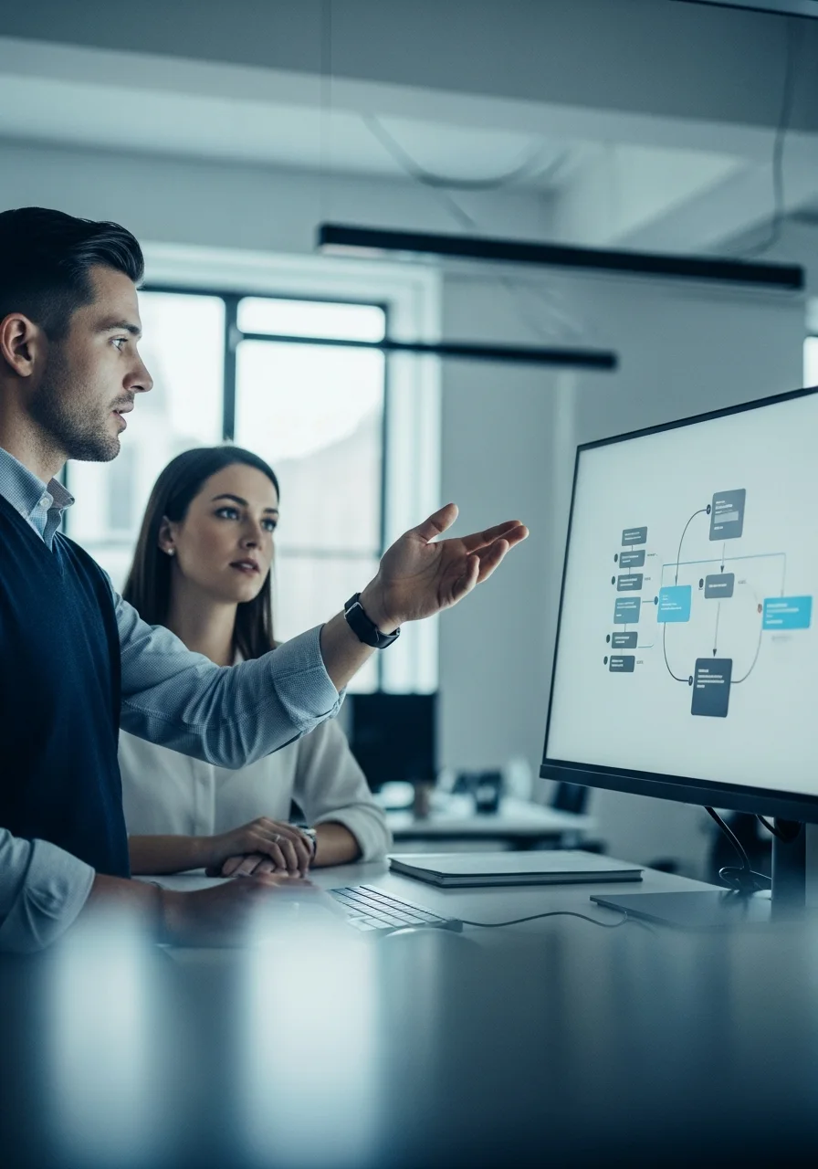 A solutions engineer explaining a workflow diagram on a monitor to a colleague