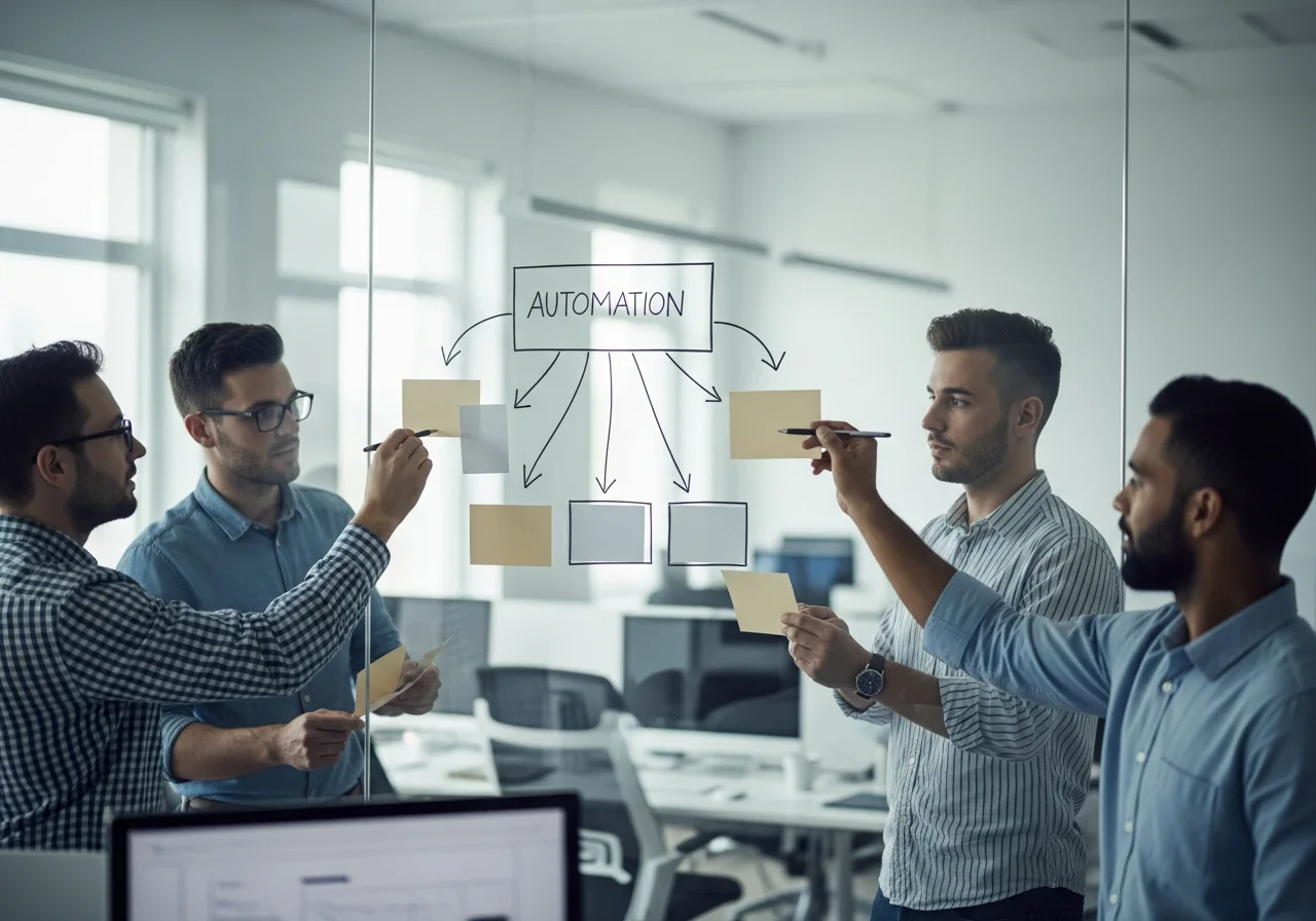 An office team sketching an automation workflow with cards and arrows on a glass wall
