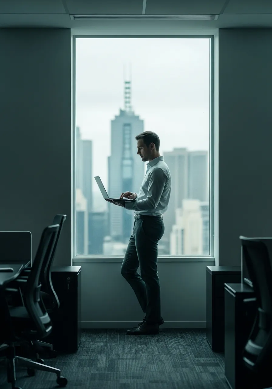 Marketing consultant checking a laptop at a window overlooking the Melbourne city skyline