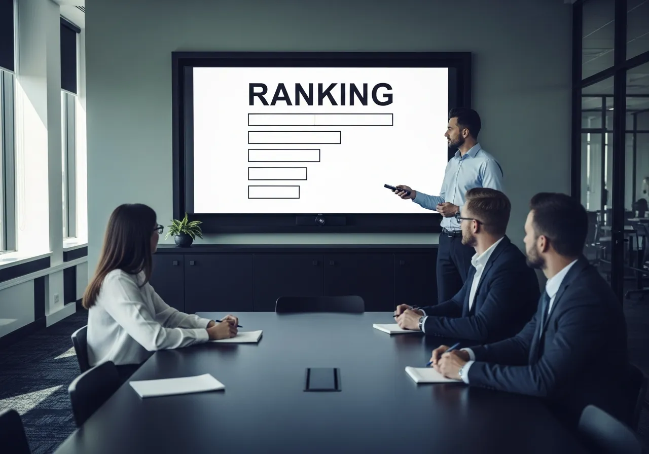 Search strategy meeting with a consultant presenting ranking positions on a boardroom screen