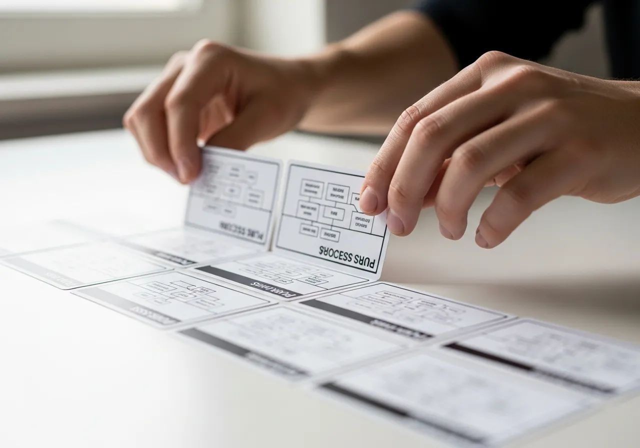 Hands arranging a row of small printed process cards on a white desk