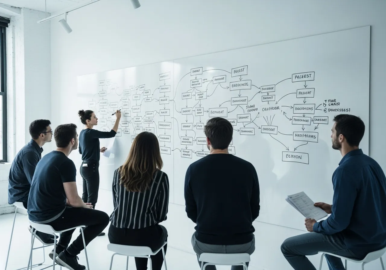 Team mapping a customer workflow on a large whiteboard covered in connected process steps